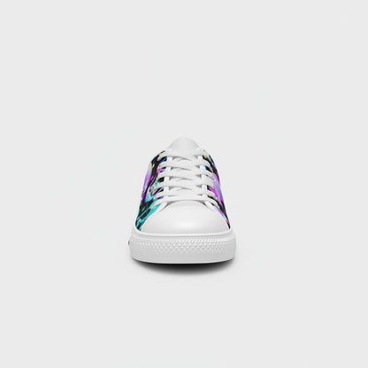Freaky Shoes® women's canvas sneakers featuring a vibrant multi-colored skull print with white laces and toe cap.