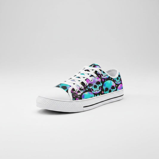Freaky Shoes® Bright Skulls high-top canvas sneakers with vibrant neon blue and purple skull print on black background