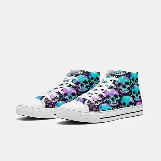 Freaky Shoes® high-top canvas sneakers featuring a vibrant neon blue and purple skull pattern on a black background.