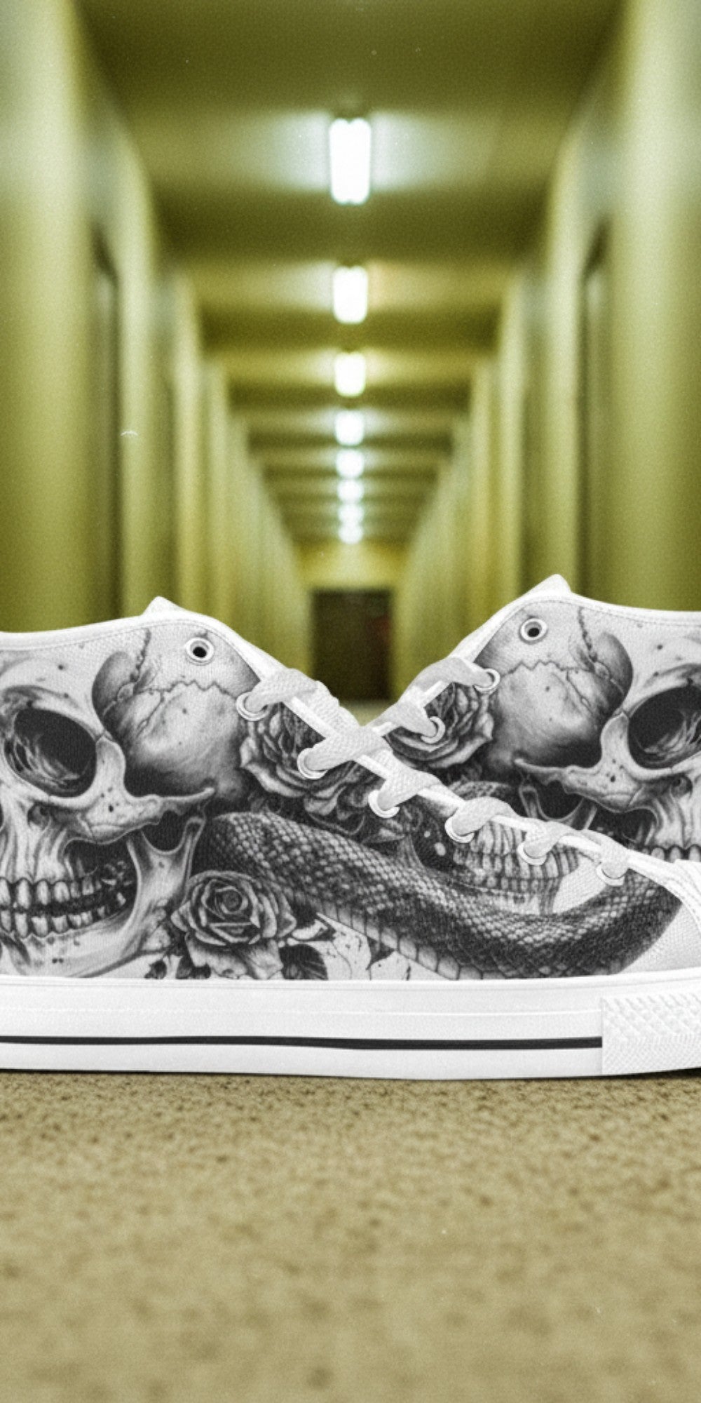 Men's Skull Dark Art Gothic hand-made high-top canvas shoes — unique wearable art by Freaky Shoes
