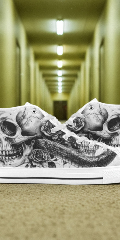 Men's Skull Dark Art Gothic hand-made high-top canvas shoes — unique wearable art by Freaky Shoes