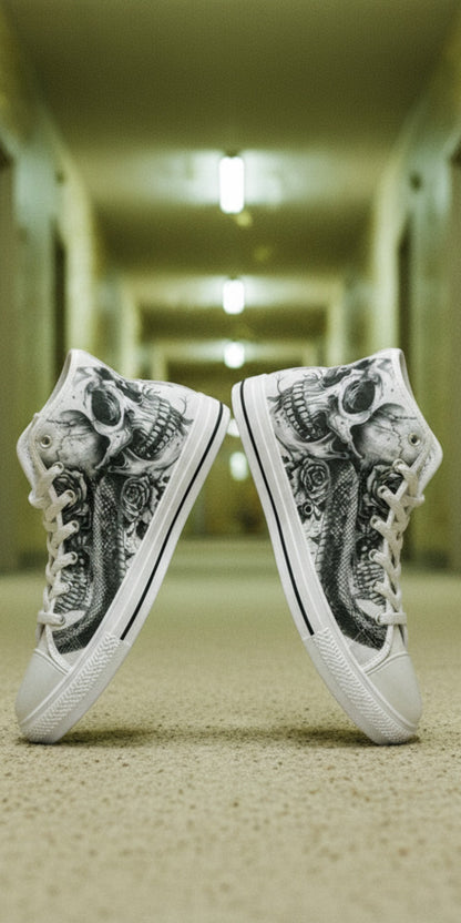 Men's Skull Dark Art Gothic custom high-top canvas shoes — wearable art by Freaky Shoes