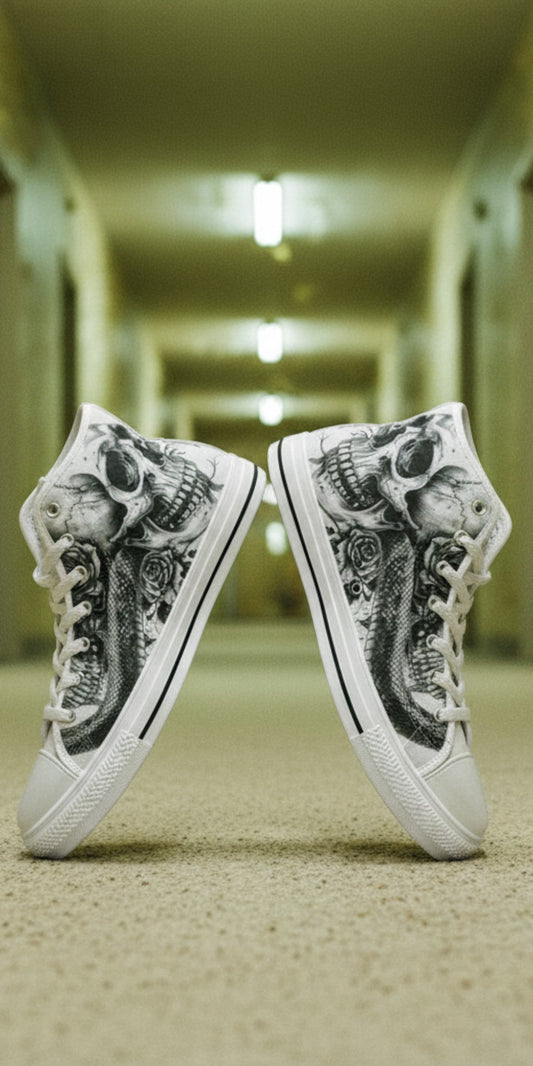 Freaky Shoes® high top canvas sneakers featuring a black and white butterfly skull and floral gothic art design.