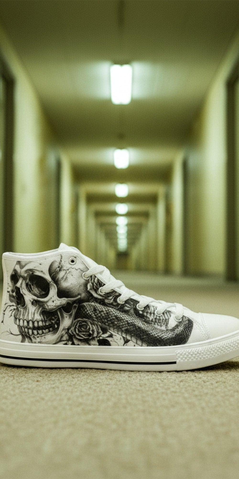 Custom Men's Skull Dark Art Gothic high-top canvas shoes with bold all-over art — Freaky Shoes