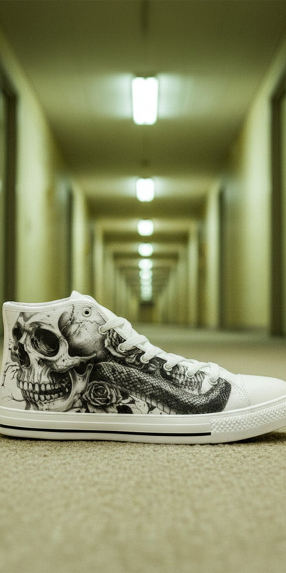 Custom Men's Skull Dark Art Gothic high-top canvas shoes with bold all-over art — Freaky Shoes