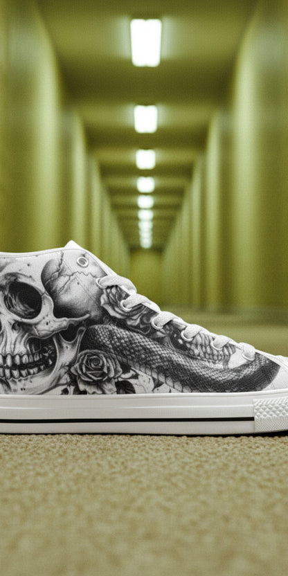 Men's Skull Dark Art Gothic high-top canvas shoes, custom full-wrap printed design — Freaky Shoes