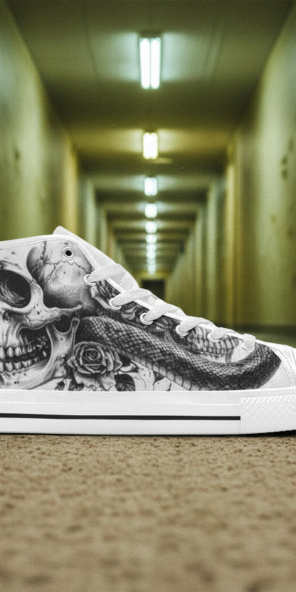 Men's Skull Dark Art Gothic high-top canvas shoes — one-of-a-kind custom printed art, Freaky Shoes