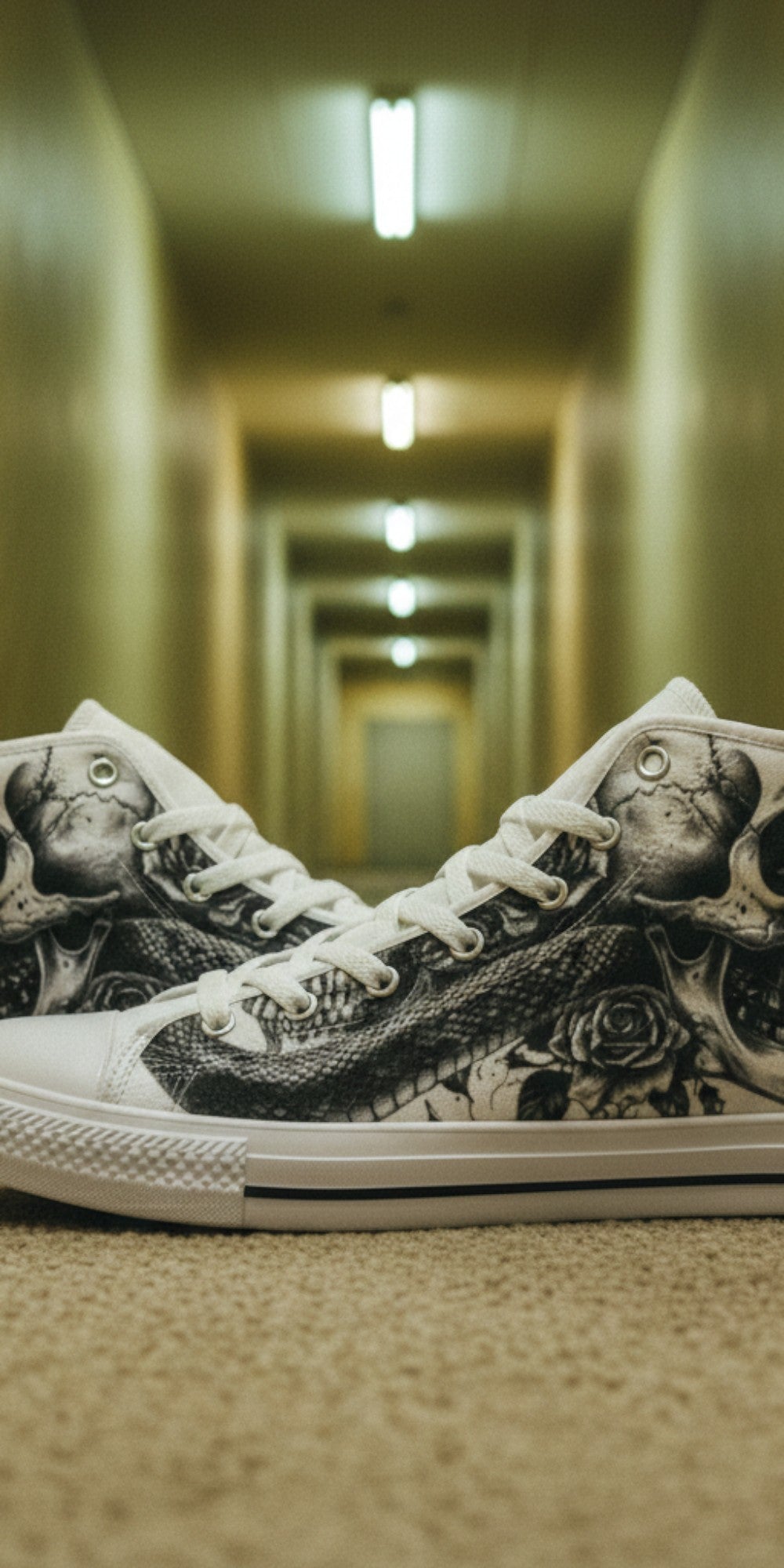 Men's Skull Dark Art Gothic high-top canvas shoes — one-of-a-kind custom printed art, Freaky Shoes