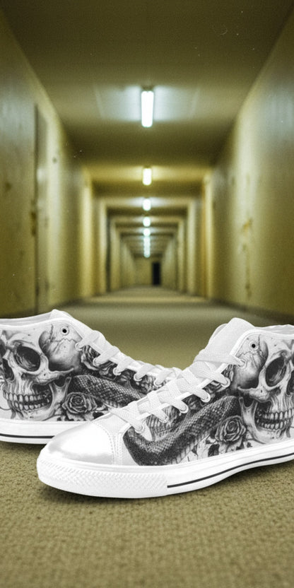Men's Skull Dark Art Gothic custom high-top canvas shoes — wearable art by Freaky Shoes