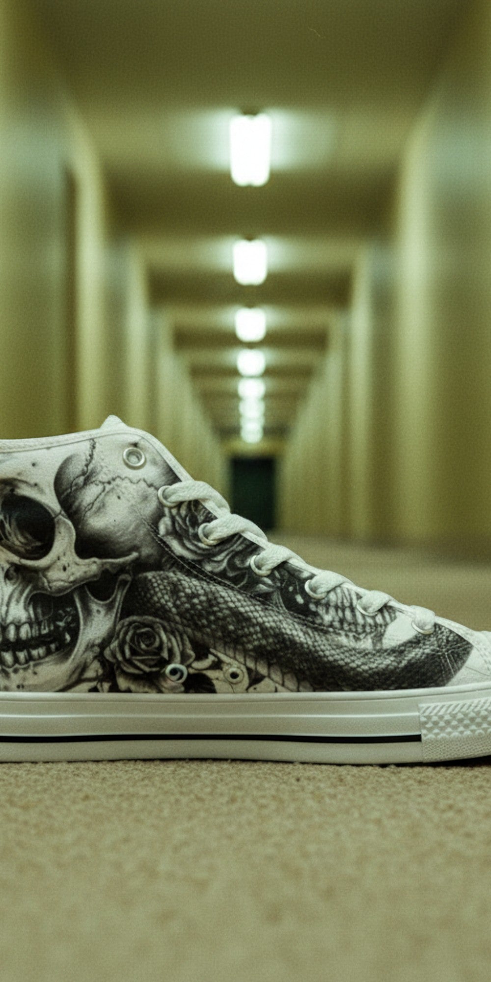 Men's Skull Dark Art Gothic hand-made high-top canvas shoes — unique wearable art by Freaky Shoes