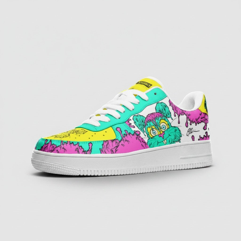 Freaky Shoes® Cake Frosted Rabbit low-top leather sneakers with vibrant pink, yellow, and teal cartoon rabbit art.
