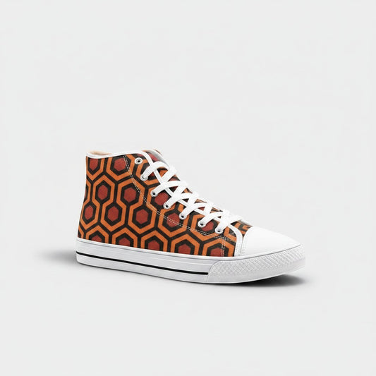 Freaky Shoes® high-top canvas sneakers featuring an orange, red, and black geometric carpet pattern.