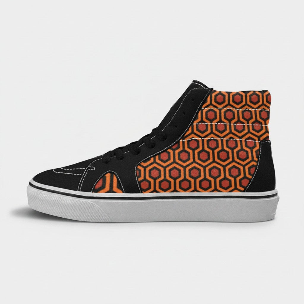 Freaky Shoes® high-top canvas sneakers featuring a bold orange and black hexagonal carpet pattern on a black base.