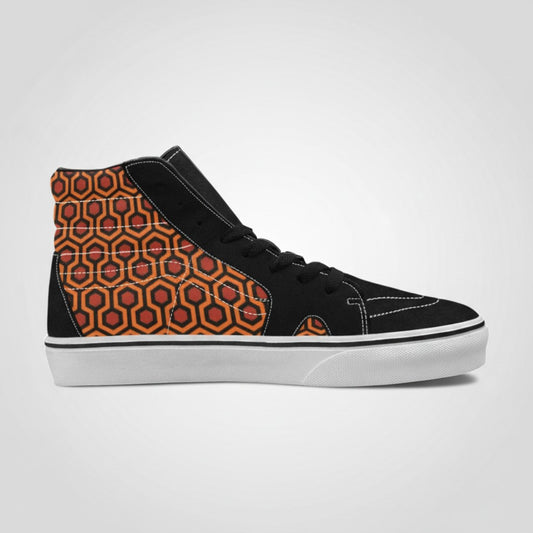 Freaky Shoes® women's high-top canvas sneakers featuring an orange and red geometric carpet pattern on black fabric.