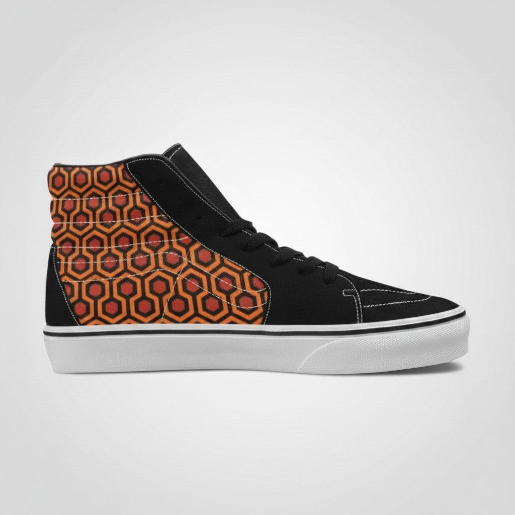 Freaky Shoes® women's high-top canvas skateboarding sneakers featuring an orange and brown geometric carpet pattern.