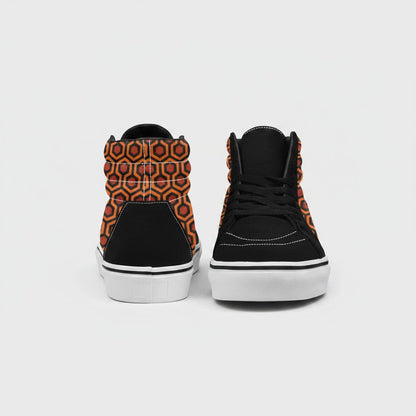 Freaky Shoes® women's high-top canvas sneakers featuring a bold orange and black geometric carpet pattern design.