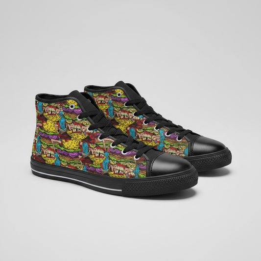 Freaky Shoes® women's high-top canvas sneakers featuring a colorful cheeseburger monster graphic print