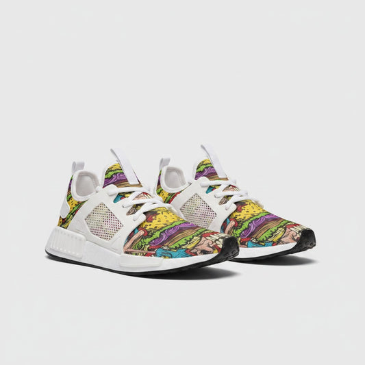 Freaky Shoes® Cheeseburger Monster high-top canvas sneakers with a colorful burger-themed print and white mesh.