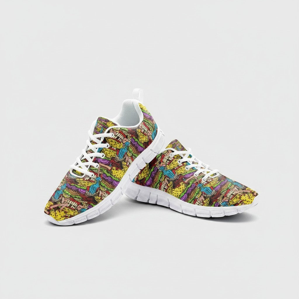 Freaky Shoes® Cheeseburger Monster high-top canvas sneakers with a vibrant, colorful graphic print and white soles.