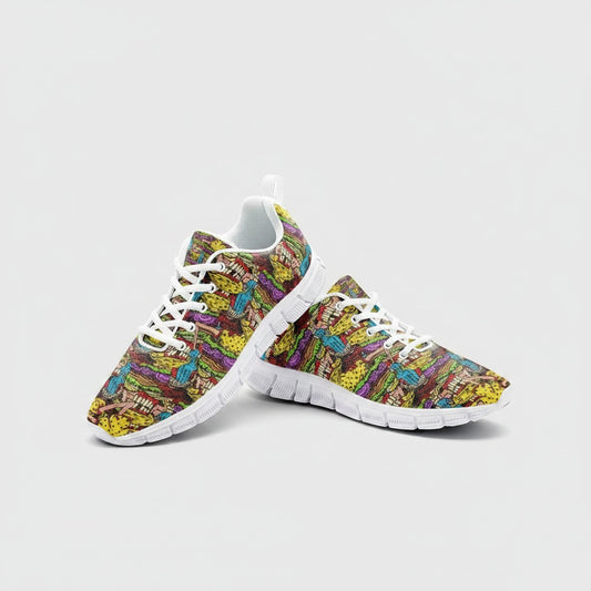 Freaky Shoes® Cheeseburger Monster high-top canvas sneakers with a vibrant, colorful graphic print and white soles.