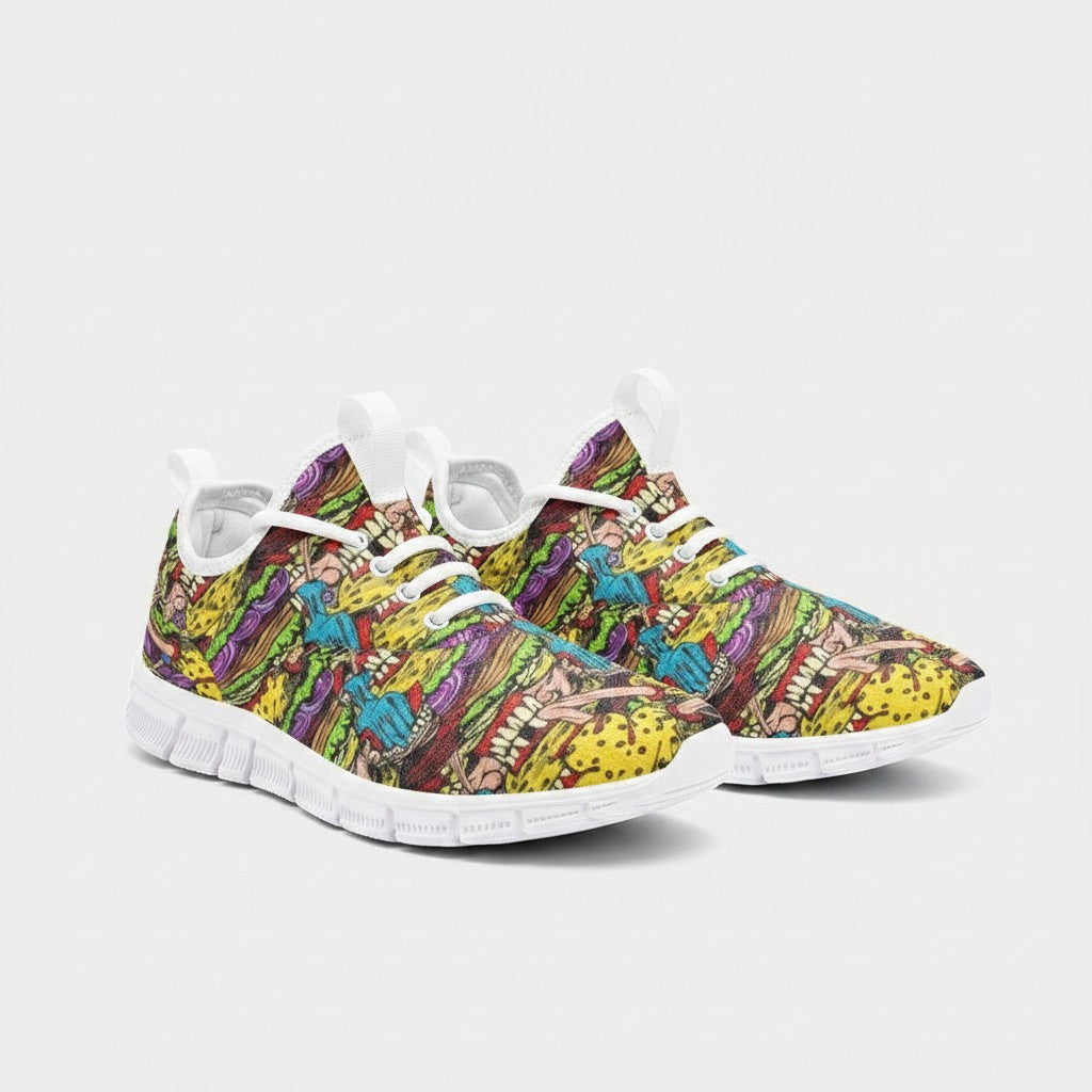 Freaky Shoes® Cheeseburger Monster high-top canvas sneakers with vibrant, colorful cartoon food print and white soles.