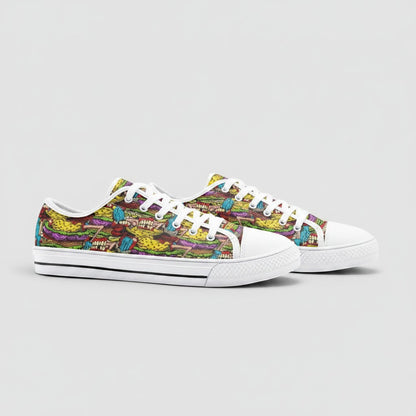 Freaky Shoes® Cheeseburger Monster low-top canvas sneakers featuring a colorful, detailed burger-themed print.