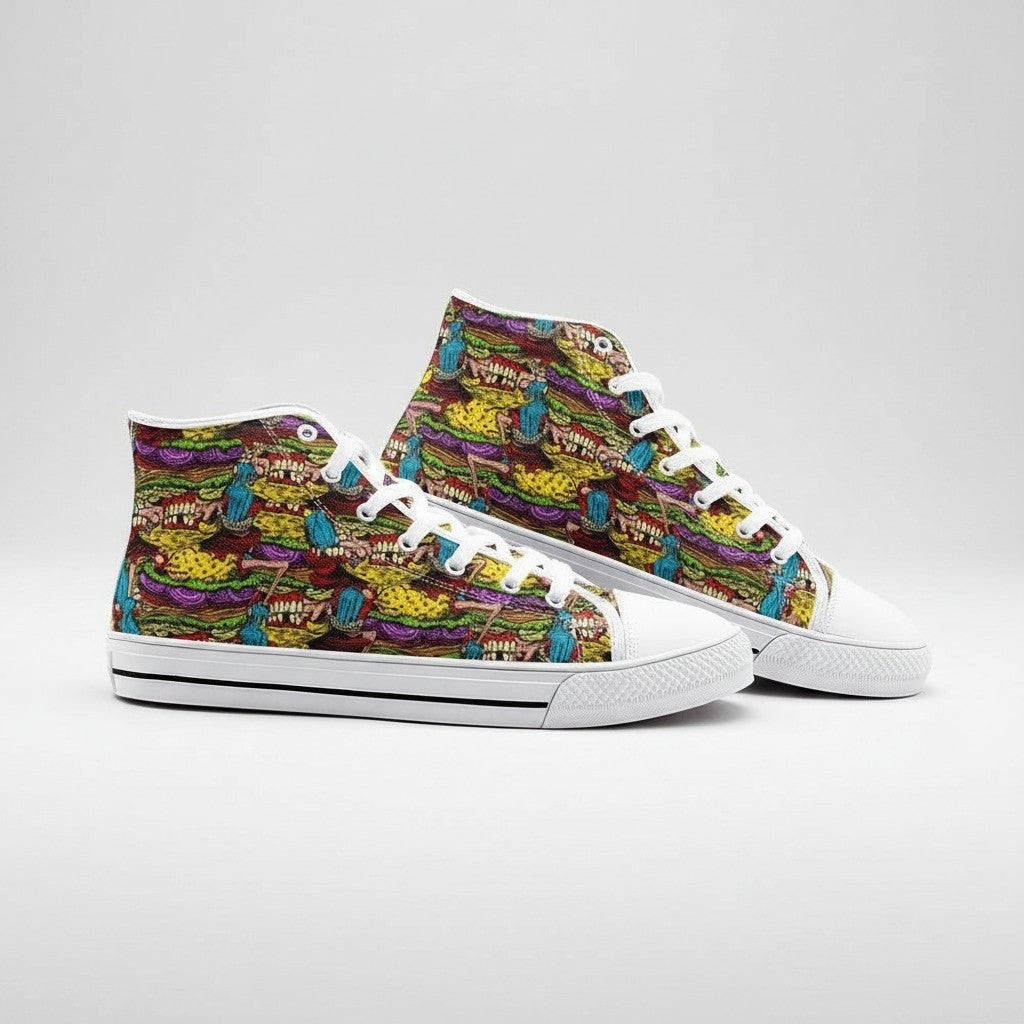 Freaky Shoes® Cheeseburger Monster high-top canvas sneakers with a vibrant, colorful burger-themed graphic print.