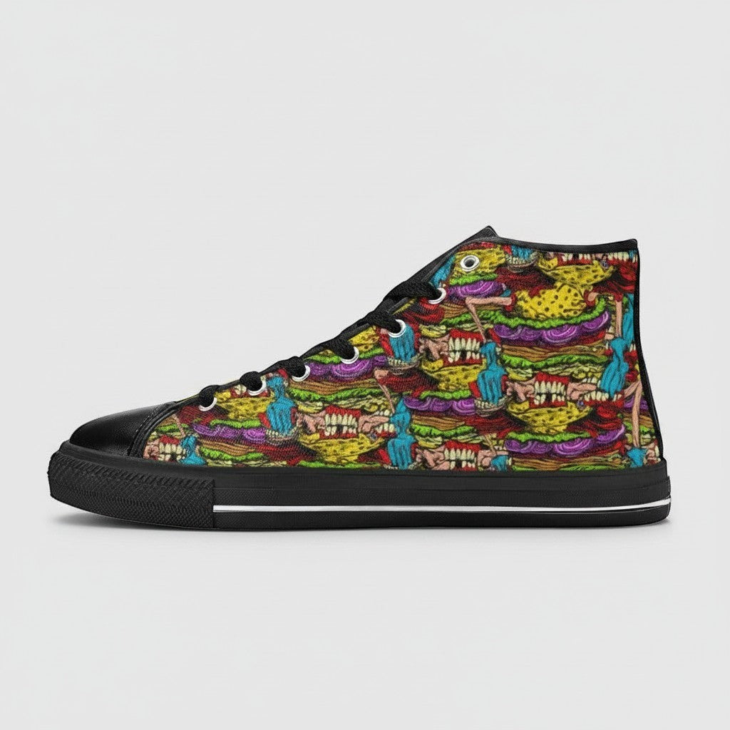 Freaky Shoes® women's high-top canvas sneakers featuring a colorful Cheeseburger Monster graphic print