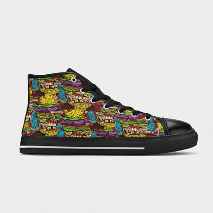 Freaky Shoes® Cheeseburger Monster high-top canvas sneakers featuring a vibrant, multi-colored burger print.