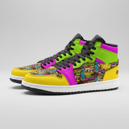 Freaky Shoes® Cheeseburger Monster high-top canvas sneakers featuring vibrant, colorful graphic art and rubber soles.