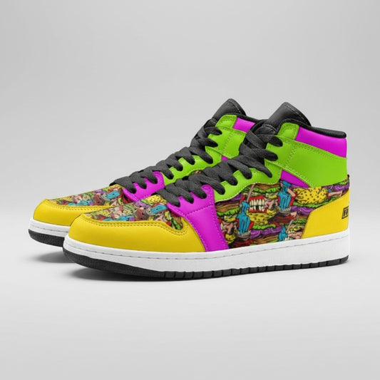 Freaky Shoes® Cheeseburger Monster high-top canvas sneakers featuring vibrant, colorful graphic art and rubber soles.