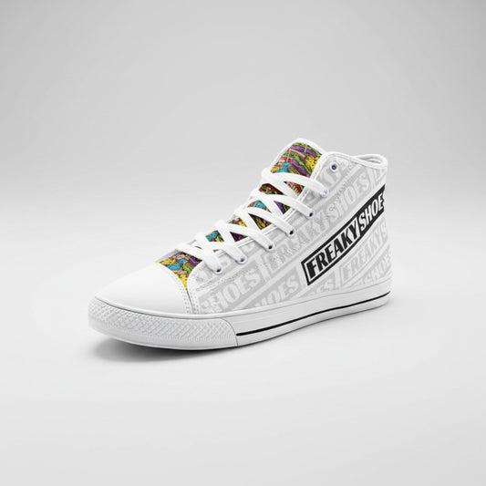Freaky Shoes® Cheeseburger Monster high-top canvas sneakers with white logo pattern and colorful graphic tongue