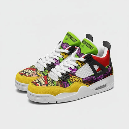Freaky Shoes® Cheeseburger Monster high-top canvas sneakers with vibrant cartoon monster print and yellow mudguards.