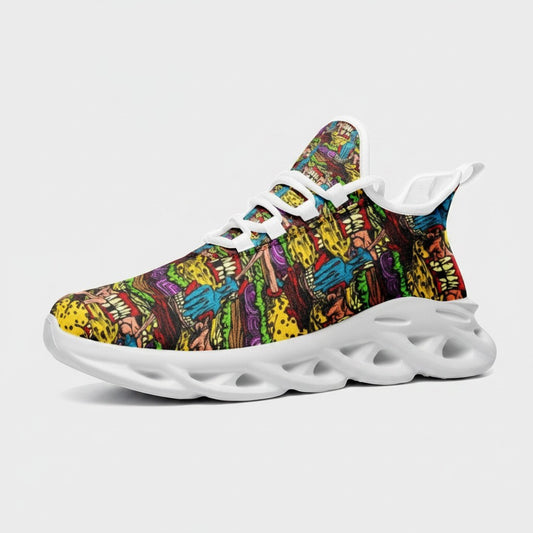 Freaky Shoes® Cheeseburger Monster high-top sneakers with vibrant, multi-colored graphic print and white EVA sole.