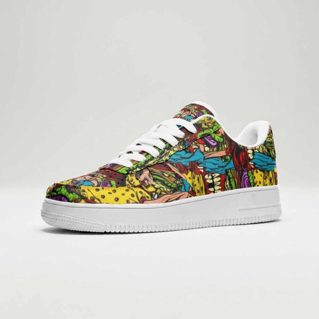 Freaky Shoes® Cheeseburger Monster low-top leather sneakers with vibrant, colorful food-themed graphic print.