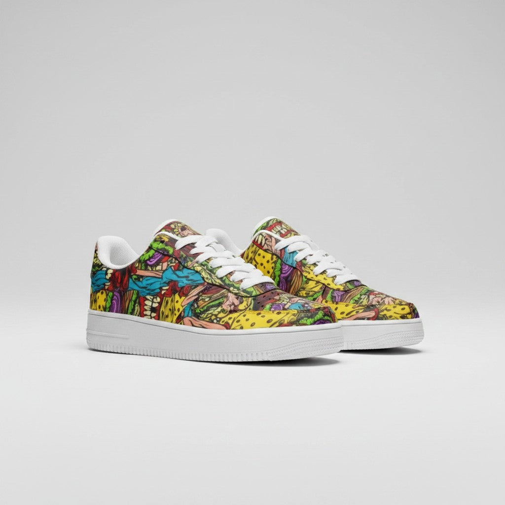Freaky Shoes® Cheeseburger Monster low-top leather sneakers with colorful cartoon burger print and white rubber soles.