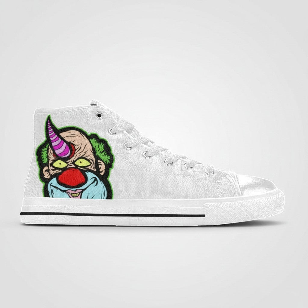 Freaky Shoes® women's white canvas high-top sneakers featuring a colorful clown graphic with a horn on the side.