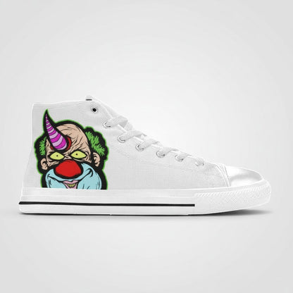 Freaky Shoes® women's white canvas high-top sneakers featuring a colorful clown graphic with a horn on the side.