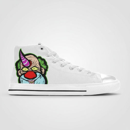 Freaky Shoes® women's white canvas high-top sneakers featuring a colorful clown graphic with a horn on the side.