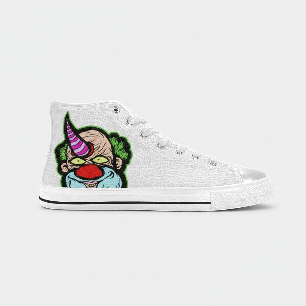 Freaky Shoes® men's white high-top canvas sneakers featuring a colorful clown graphic on the side