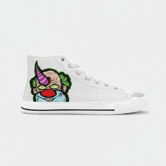 Freaky Shoes® men's white high-top canvas sneakers featuring a colorful clown graphic on the side