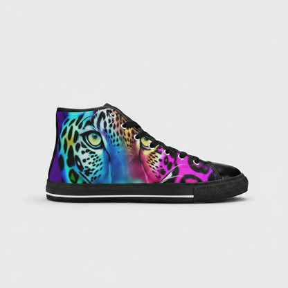 Freaky Shoes® men's high-top canvas sneakers featuring a vibrant, multi-colored leopard print art design.