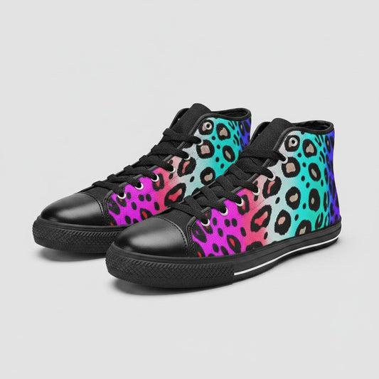 Freaky Shoes® men's high-top canvas sneakers featuring a vibrant, multi-colored leopard print design.