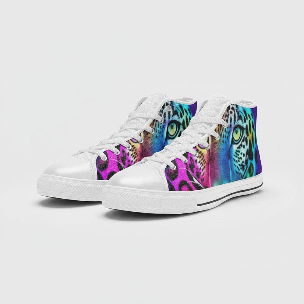Freaky Shoes® men's high-top canvas sneakers featuring a vibrant, multi-colored leopard print art design.