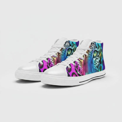 Freaky Shoes® men's high-top canvas sneakers featuring a vibrant, multi-colored leopard print art design.