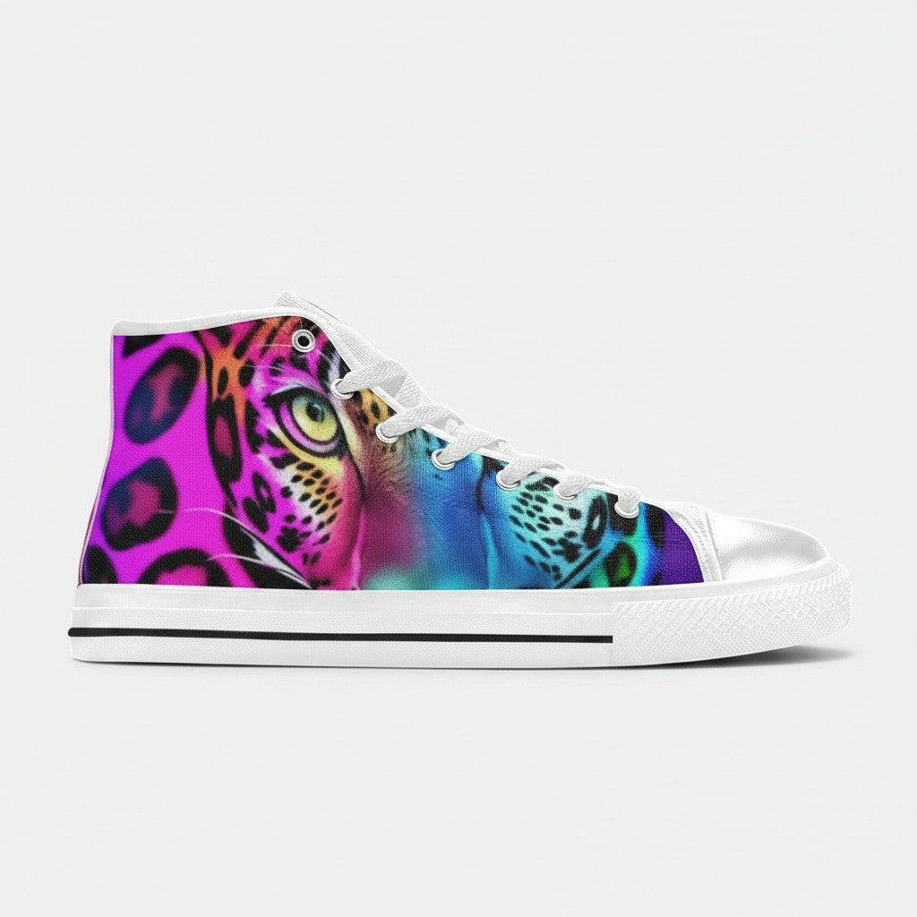 Freaky Shoes® men's high-top canvas sneakers featuring a vibrant, multi-colored leopard print art design.
