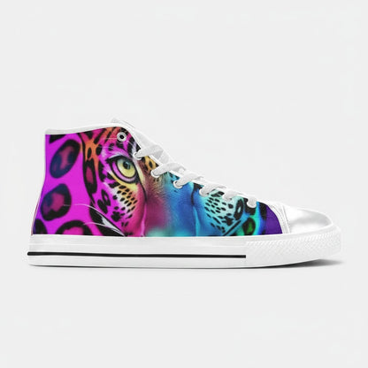 Freaky Shoes® men's high-top canvas sneakers featuring a vibrant, multi-colored leopard print art design.