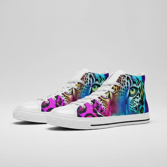 Freaky Shoes® men's high-top canvas sneakers featuring a vibrant, multi-colored leopard print design.