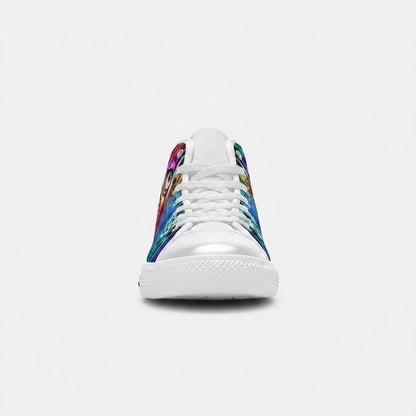 Freaky Shoes® women's high-top canvas sneakers featuring a vibrant, multi-colored leopard art print design.