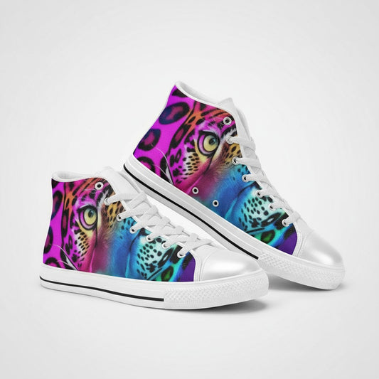 Freaky Shoes® women's high-top canvas sneakers featuring a vibrant, multi-colored leopard art print design.